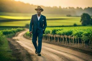 une homme dans une costume et chapeau en marchant vers le bas une saleté route. généré par ai photo