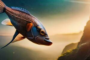 une poisson avec une gros bouche est en volant plus de une Montagne. généré par ai photo