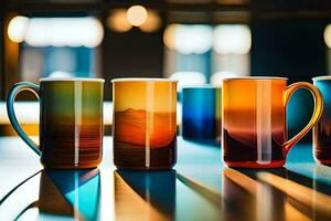 coloré des tasses doublé en haut sur une tableau. généré par ai photo