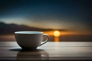 café tasse sur une table avec le Soleil réglage derrière il. généré par ai photo