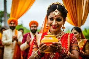 une magnifique Indien la mariée dans une traditionnel Indien mariage tenue. généré par ai photo