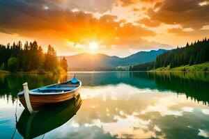 le bateau est flottant sur le calme Lac à le coucher du soleil. généré par ai photo