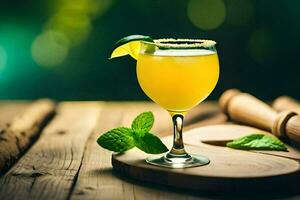 une Margarita avec citron vert et menthe sur une en bois tableau. généré par ai photo