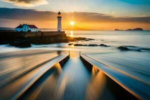 une phare est vu dans le distance à le coucher du soleil. généré par ai photo