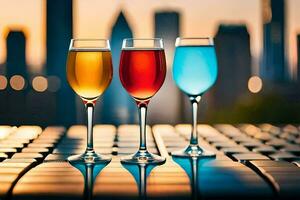 Trois des lunettes de coloré les boissons sur une table dans de face de une ville ligne d'horizon. généré par ai photo