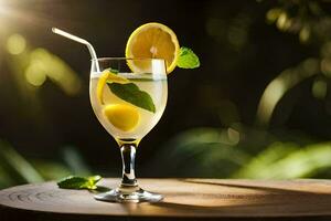 une verre de limonade avec une paille. généré par ai photo