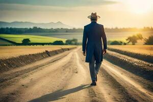 une homme dans une costume et chapeau des promenades vers le bas une saleté route. généré par ai photo