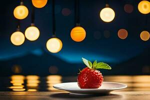 une fraise sur une assiette avec lumières dans le Contexte. généré par ai photo