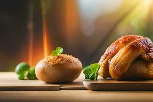 une en bois Coupe planche avec poulet et pain. généré par ai photo