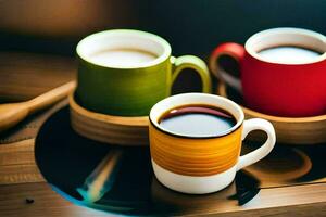 Trois café tasses sur une en bois plateau. généré par ai photo