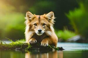 une marron Loup séance sur le bord de une rivière. généré par ai photo