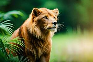 une Lion est permanent dans le herbe avec vert des arbres. généré par ai photo