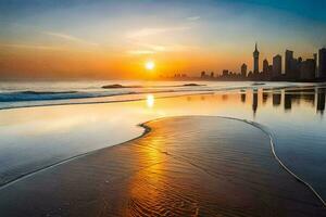 le Soleil ensembles plus de le ville horizon sur une plage. généré par ai photo