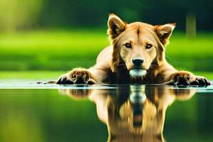 une Lion est pose sur le sol dans le l'eau. généré par ai photo