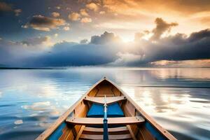 le bateau est sur le l'eau à le coucher du soleil. généré par ai photo