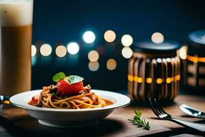 spaghetti avec tomate et Viande sur une plaque. généré par ai photo