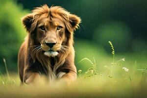 une Lion en marchant par le herbe. généré par ai photo