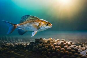 une poisson nager dans le océan entouré par petit poisson. généré par ai photo