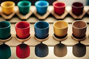 coloré tasses doublé en haut sur une en bois plateau. généré par ai photo