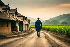 une homme en marchant vers le bas une saleté route dans de face de une village. généré par ai photo