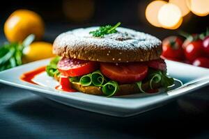 une sandwich avec tomates et salade sur une plaque. généré par ai photo