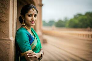 une magnifique Indien femme dans une vert sari. généré par ai photo