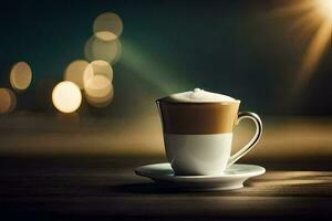 une tasse de café sur une en bois table avec bokeh lumières. généré par ai photo