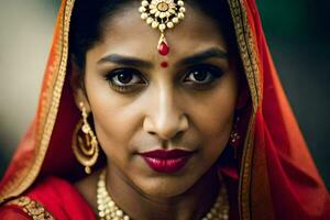 une magnifique Indien femme portant une rouge sari. généré par ai photo