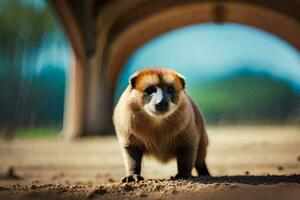 une marron singe des stands en dessous de une pont. généré par ai photo