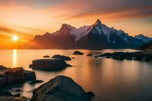 le Soleil ensembles plus de montagnes et l'eau. généré par ai photo