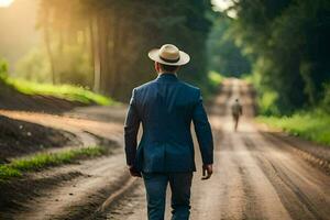 une homme dans une costume et chapeau en marchant vers le bas une saleté route. généré par ai photo