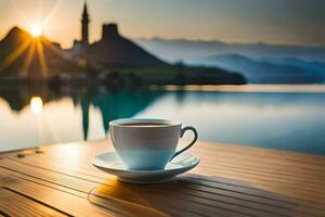 une tasse de thé sur le lac. généré par ai photo