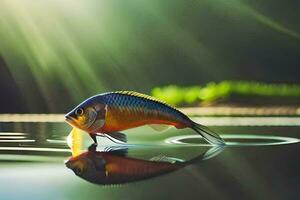 une poisson est permanent sur le l'eau avec lumière du soleil brillant à travers. généré par ai photo