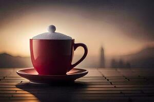 une rouge tasse de café sur une en bois tableau. généré par ai photo