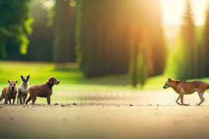 photo fond d'écran chiens, le soleil, des arbres, le forêt, le animaux, le chiens, le. généré par ai