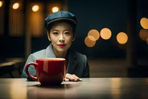 une femme dans une chapeau est assis à une table avec une rouge Coupe. généré par ai photo