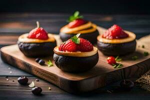 petit Chocolat tasses avec des fraises et cerises sur Haut. généré par ai photo