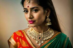 une magnifique Indien femme portant une sari et bijoux. généré par ai photo