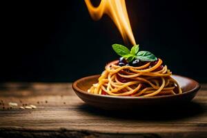spaghetti avec Feu sur une en bois tableau. généré par ai photo