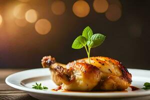 une poulet sur une assiette avec une feuille sur il. généré par ai photo