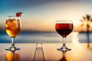 deux des lunettes de du vin et une fraise sur une tableau. généré par ai photo