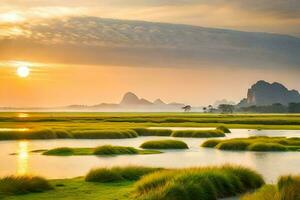 le Soleil ensembles plus de une marécageux champ avec herbe et l'eau. généré par ai photo