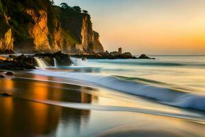 une magnifique le coucher du soleil sur le plage avec vagues s'écraser dans le rive. généré par ai photo