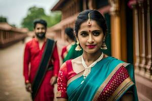 une magnifique Indien la mariée dans traditionnel tenue. généré par ai photo