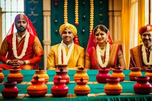 une couple et leur copains dans traditionnel Indien tenue. généré par ai photo