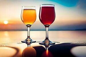 deux des lunettes de du vin avec une le coucher du soleil dans le Contexte. généré par ai photo
