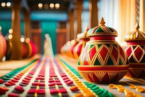 coloré des vases sont doublé en haut sur une tableau. généré par ai photo