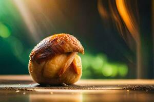 une petit pièce de nourriture séance sur Haut de une tableau. généré par ai photo