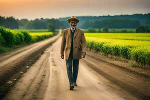 une homme dans une costume et chapeau en marchant vers le bas une saleté route. généré par ai photo