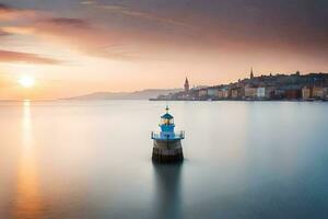 une phare des stands sur le rive de une corps de l'eau. généré par ai photo